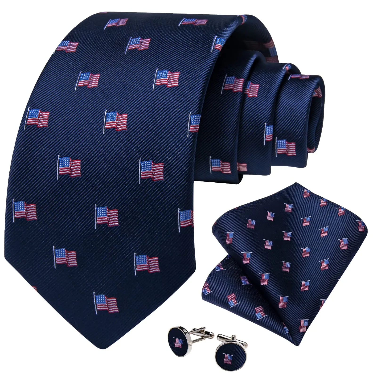 Ties2you Dress Tie Oxford Blue American Flag Pattern Silk Mens Necktie Set