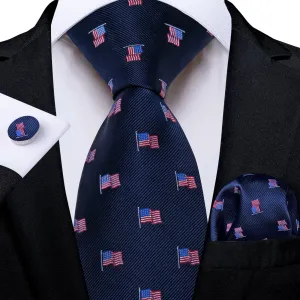 Ties2you Dress Tie Oxford Blue American Flag Pattern Silk Mens Necktie Set