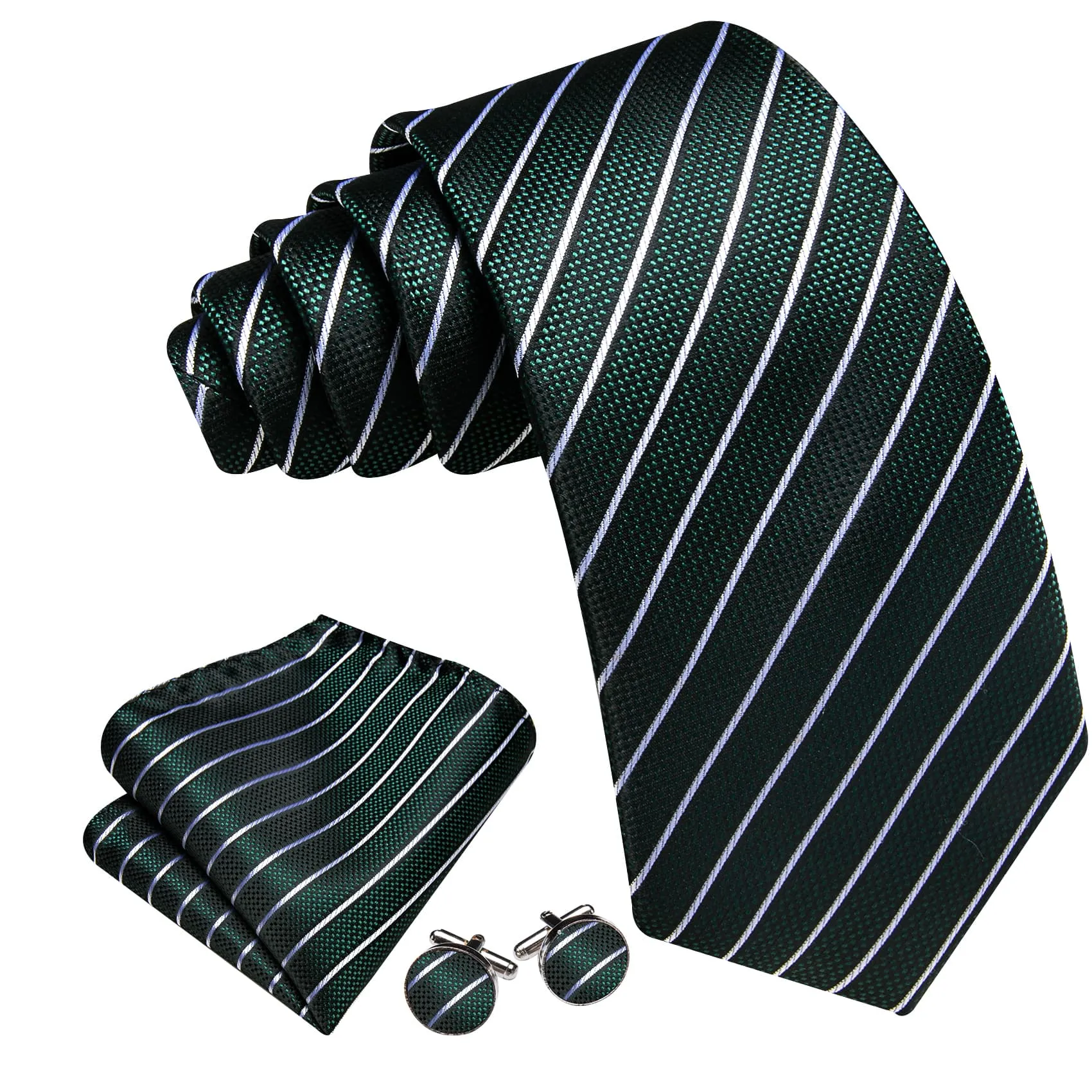 Ties2you Dress Tie Sapphire Pine Green Striped Men's Silk Tie Hanky Cufflinks Set