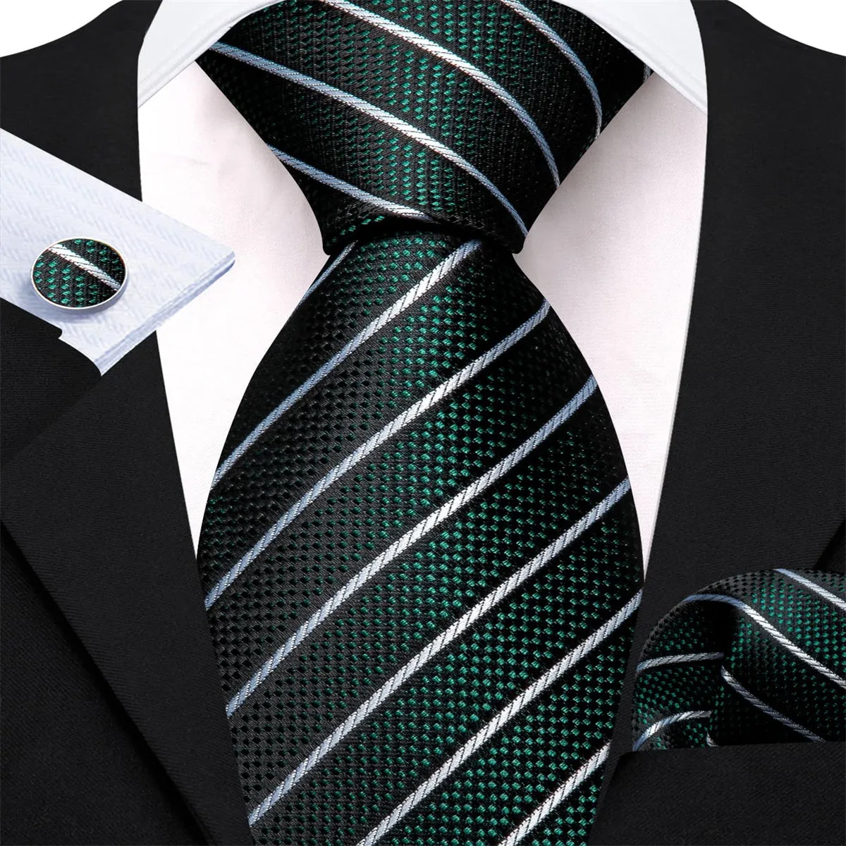 Ties2you Dress Tie Sapphire Pine Green Striped Men's Silk Tie Hanky Cufflinks Set