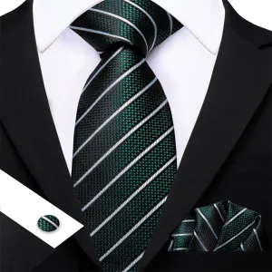 Ties2you Dress Tie Sapphire Pine Green Striped Men's Silk Tie Hanky Cufflinks Set