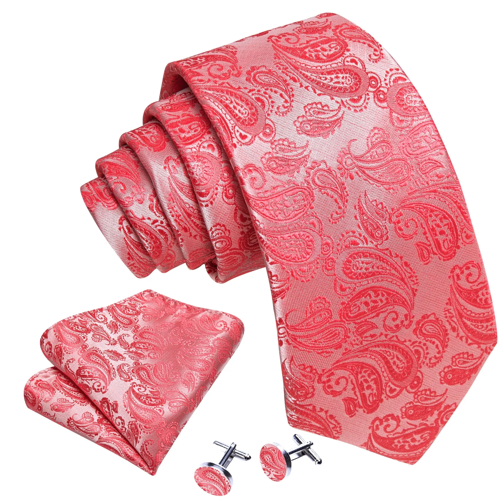 Ties2you Red Extra Length Tie Light Coral Paisley Men's 63 Inches Tie Handkerchief Cufflinks Set