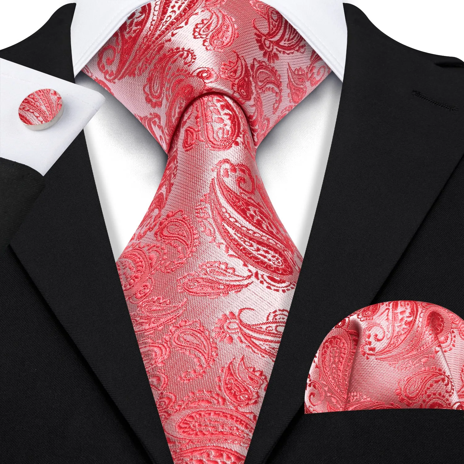 Ties2you Red Extra Length Tie Light Coral Paisley Men's 63 Inches Tie Handkerchief Cufflinks Set