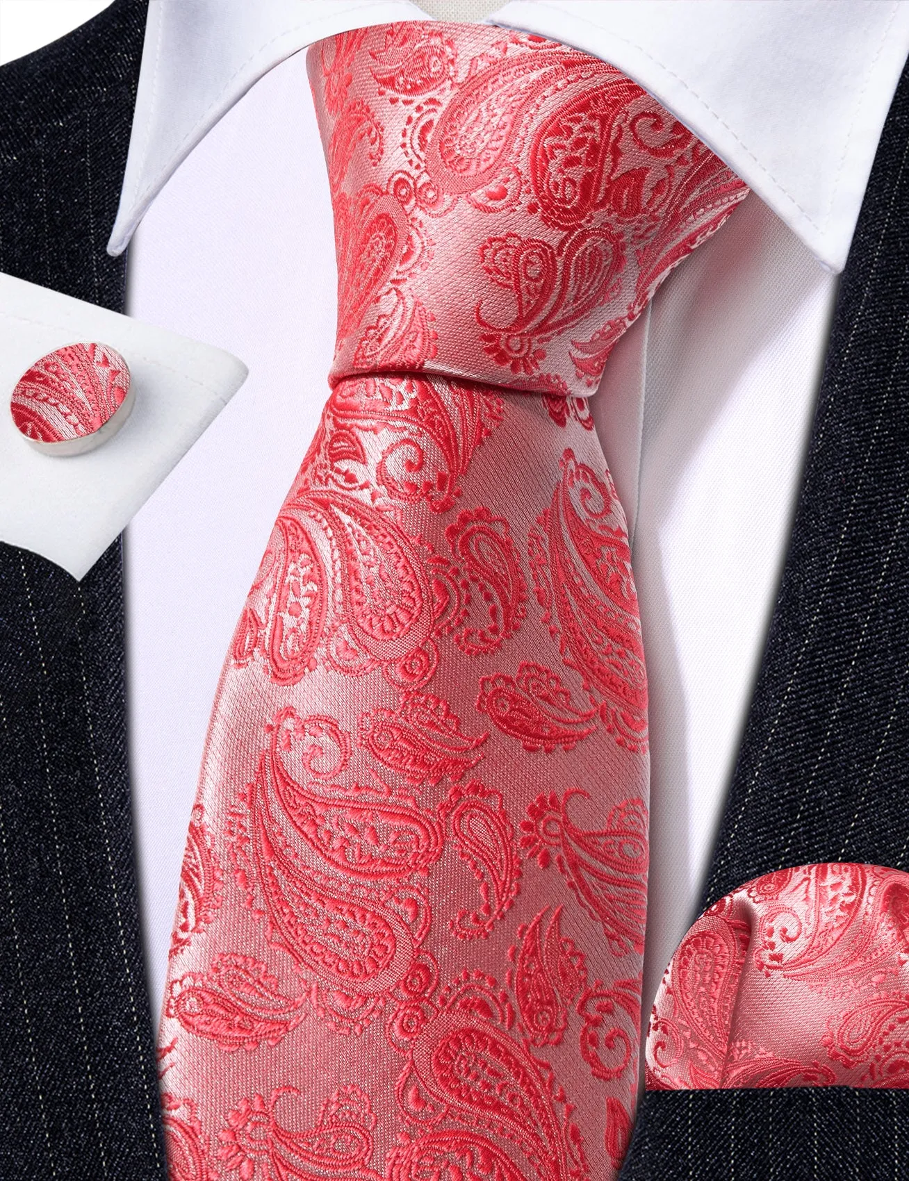 Ties2you Red Extra Length Tie Light Coral Paisley Men's 63 Inches Tie Handkerchief Cufflinks Set