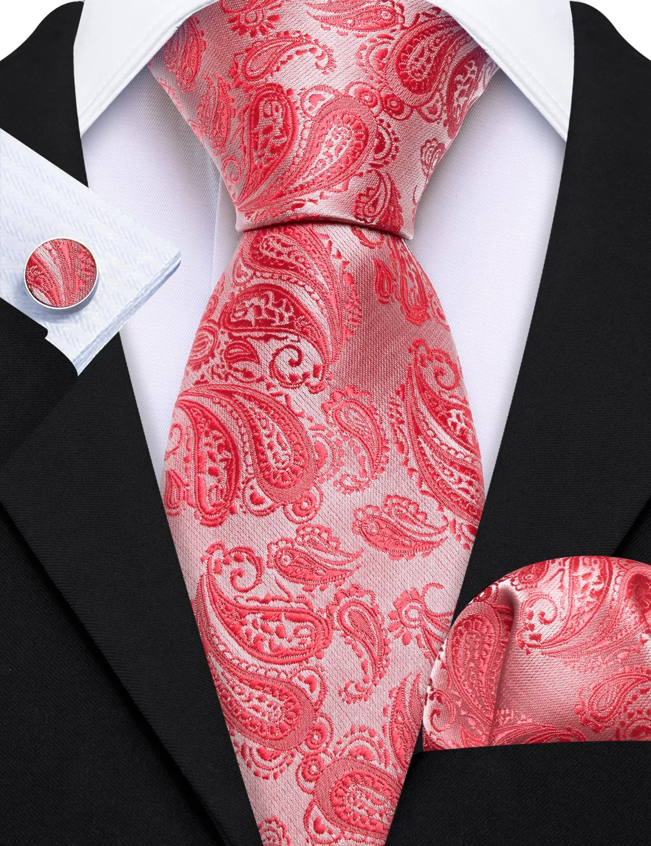 Ties2you Red Extra Length Tie Light Coral Paisley Men's 63 Inches Tie Handkerchief Cufflinks Set