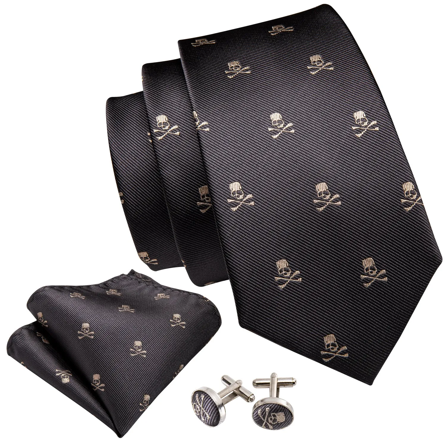 Ties2you Silk Tie Novelty Black Brown Skull Men's Tie Handkerchief Cufflinks Set