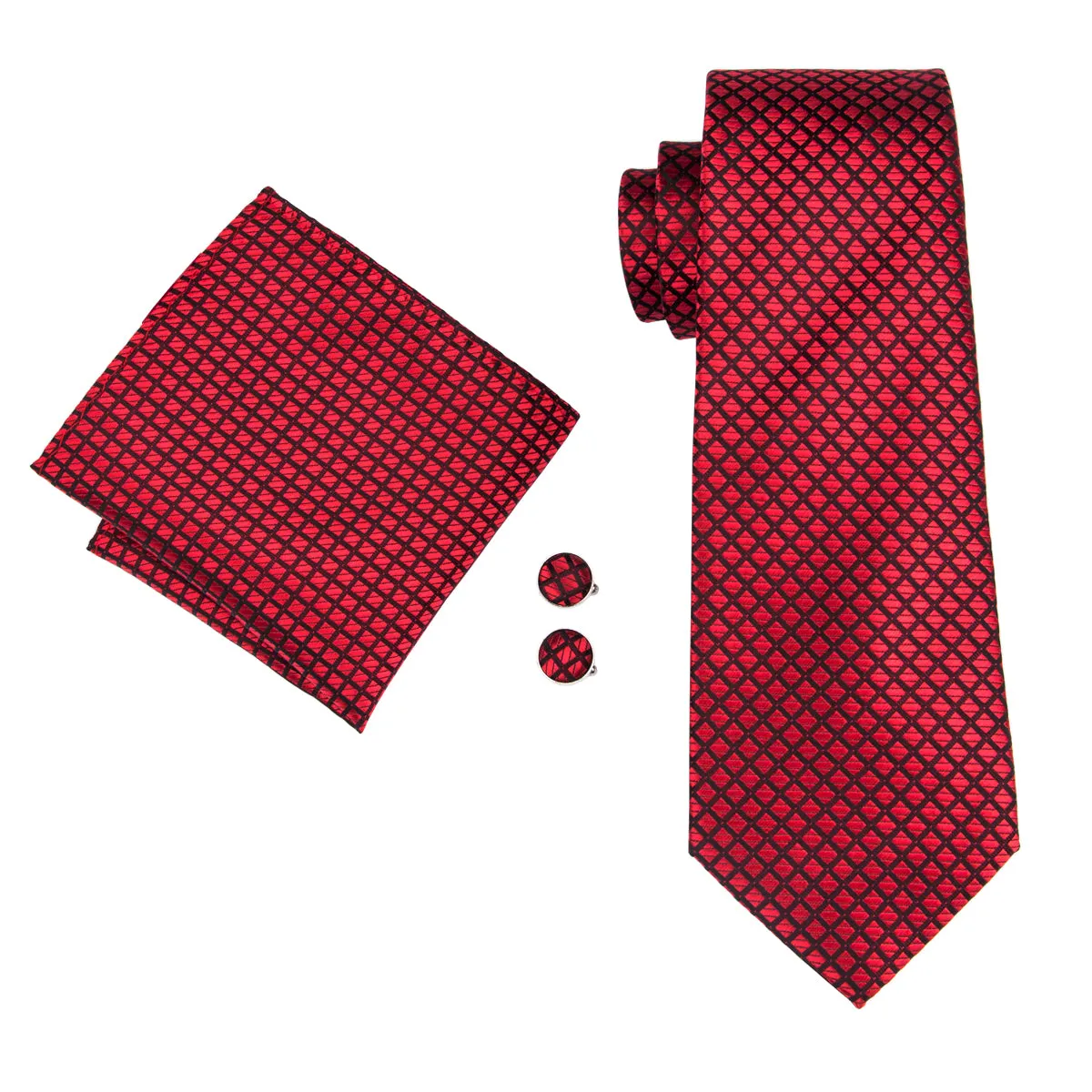 Top Red Plaid Tie Pocket Square Cufflinks Set