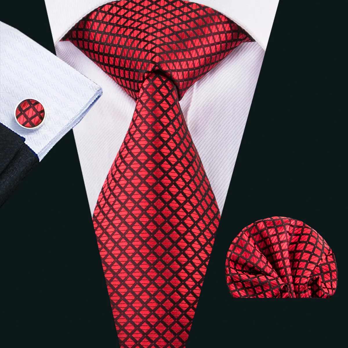 Top Red Plaid Tie Pocket Square Cufflinks Set