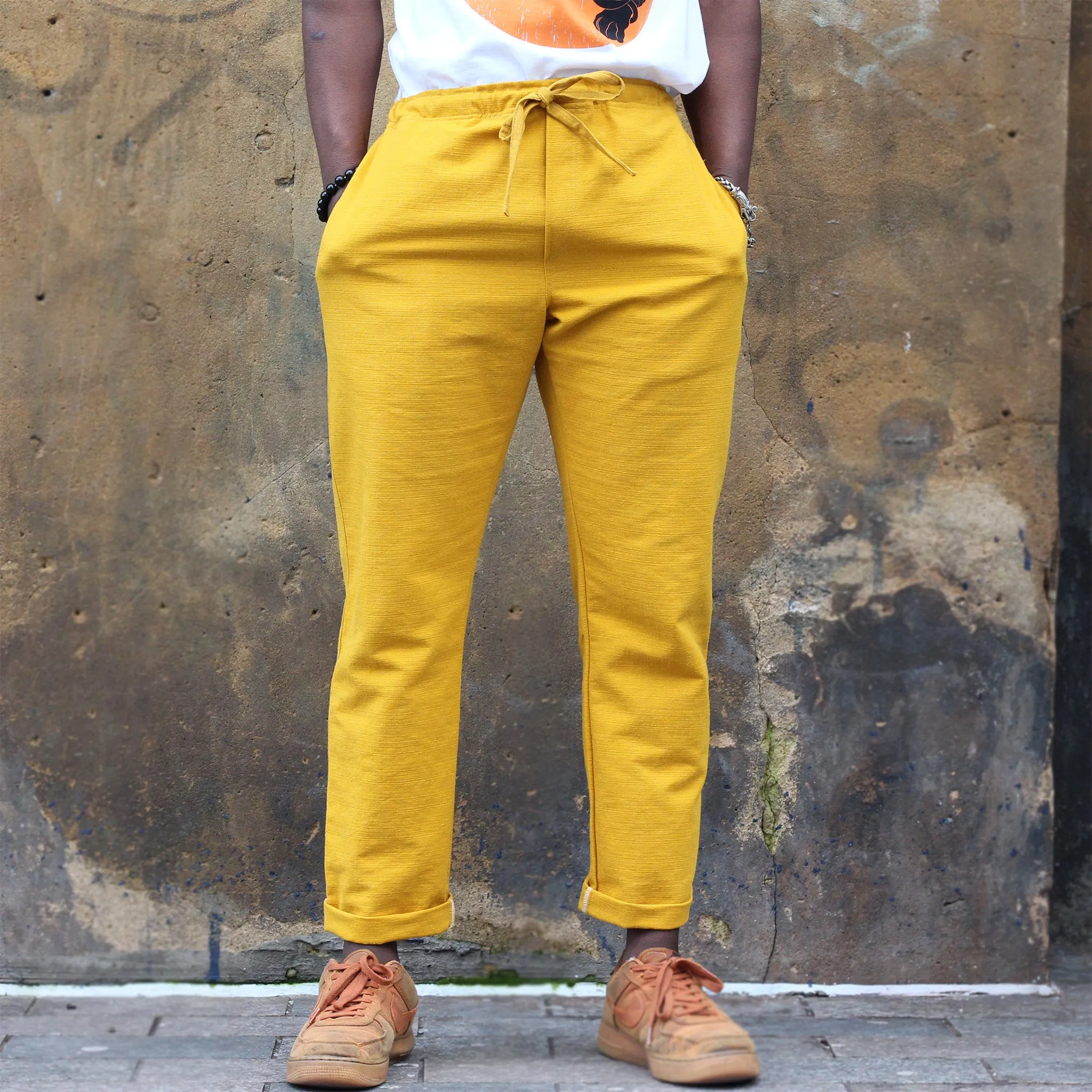 Unisex Ribbed Cotton Shing Mai Trousers Yellow