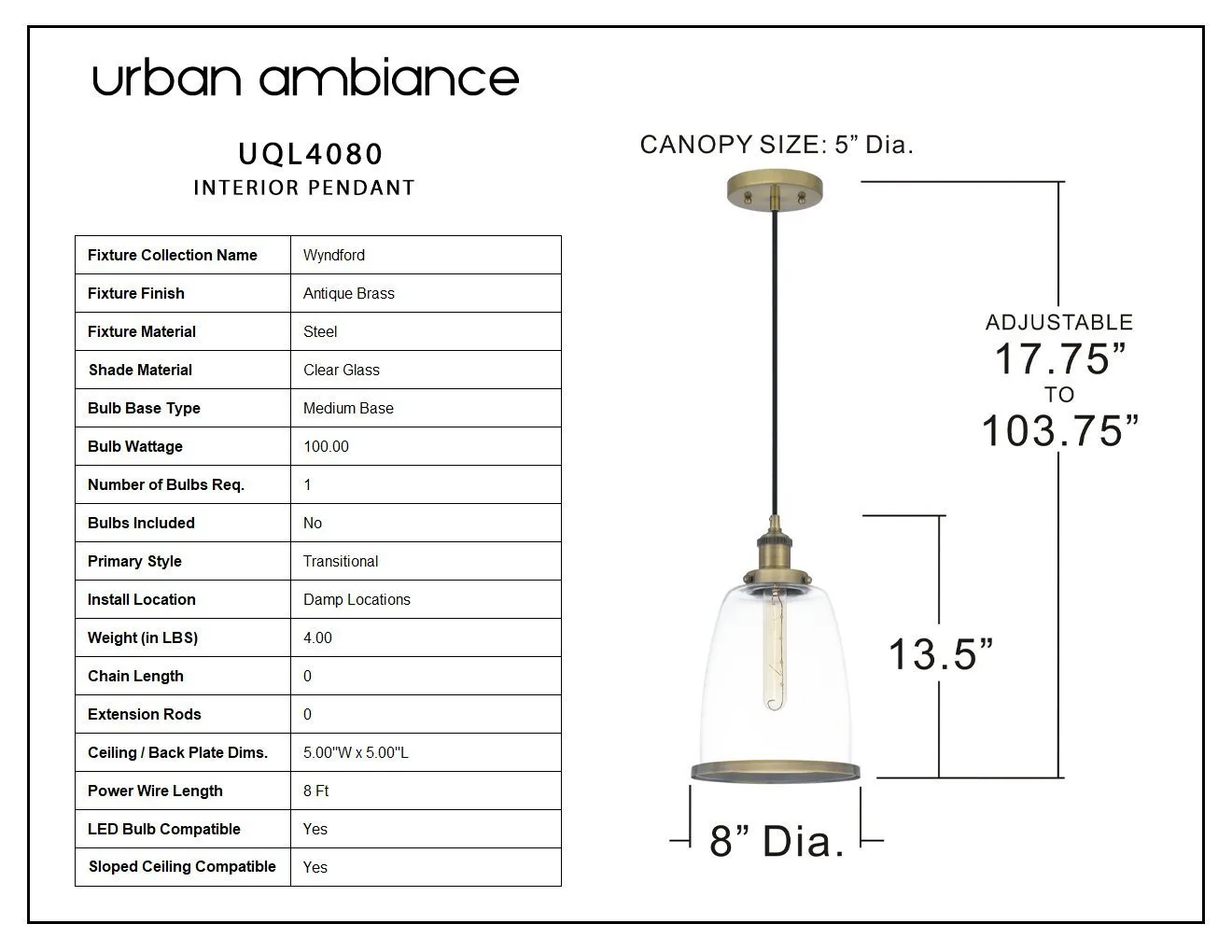 UQL4080 Transitional Pendant 13.5''H x 8''W, Antique Brass Finish, Wyndford Collection