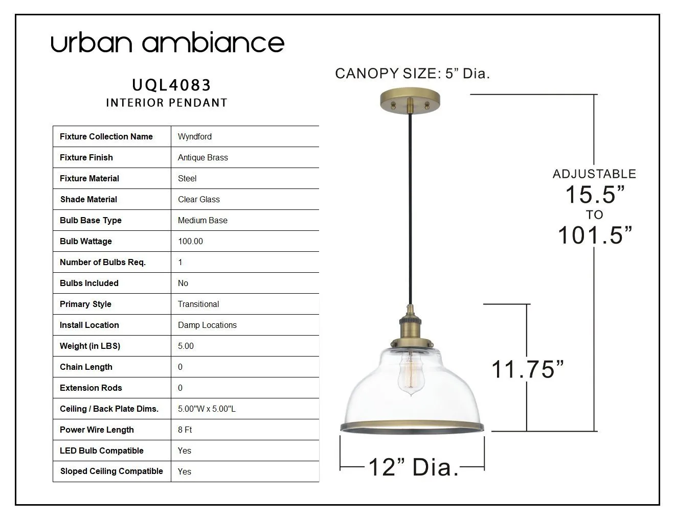 UQL4083 Transitional Pendant 11.75''H x 12''W, Antique Brass Finish, Wyndford Collection