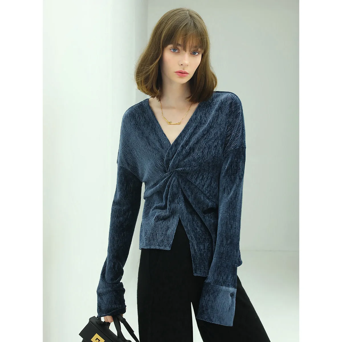 Velvet Wrap Navy Knit Top