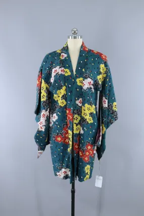 Vintage 1930s Rayon Silk Haori Kimono Cardigan Jacket / Teal Green Floral Print