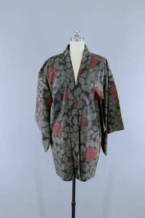 Vintage 1980s Silk Haori Kimono Cardigan Jacket / Black & Khaki Floral