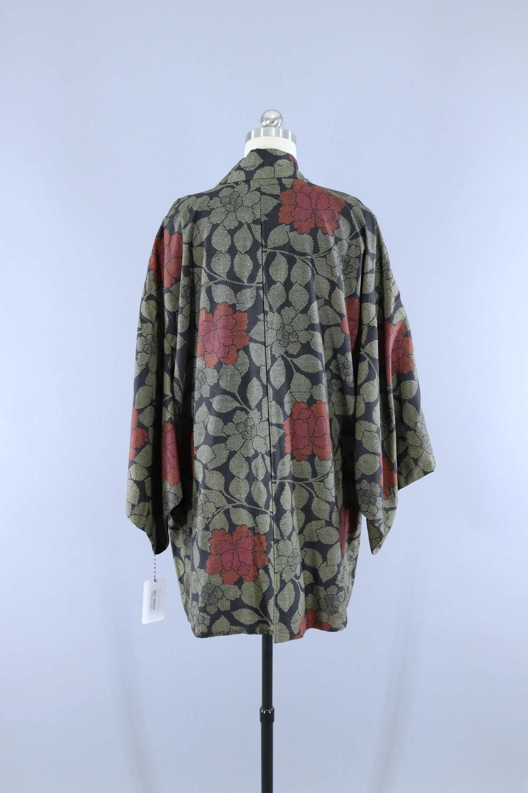 Vintage 1980s Silk Haori Kimono Cardigan Jacket / Black & Khaki Floral