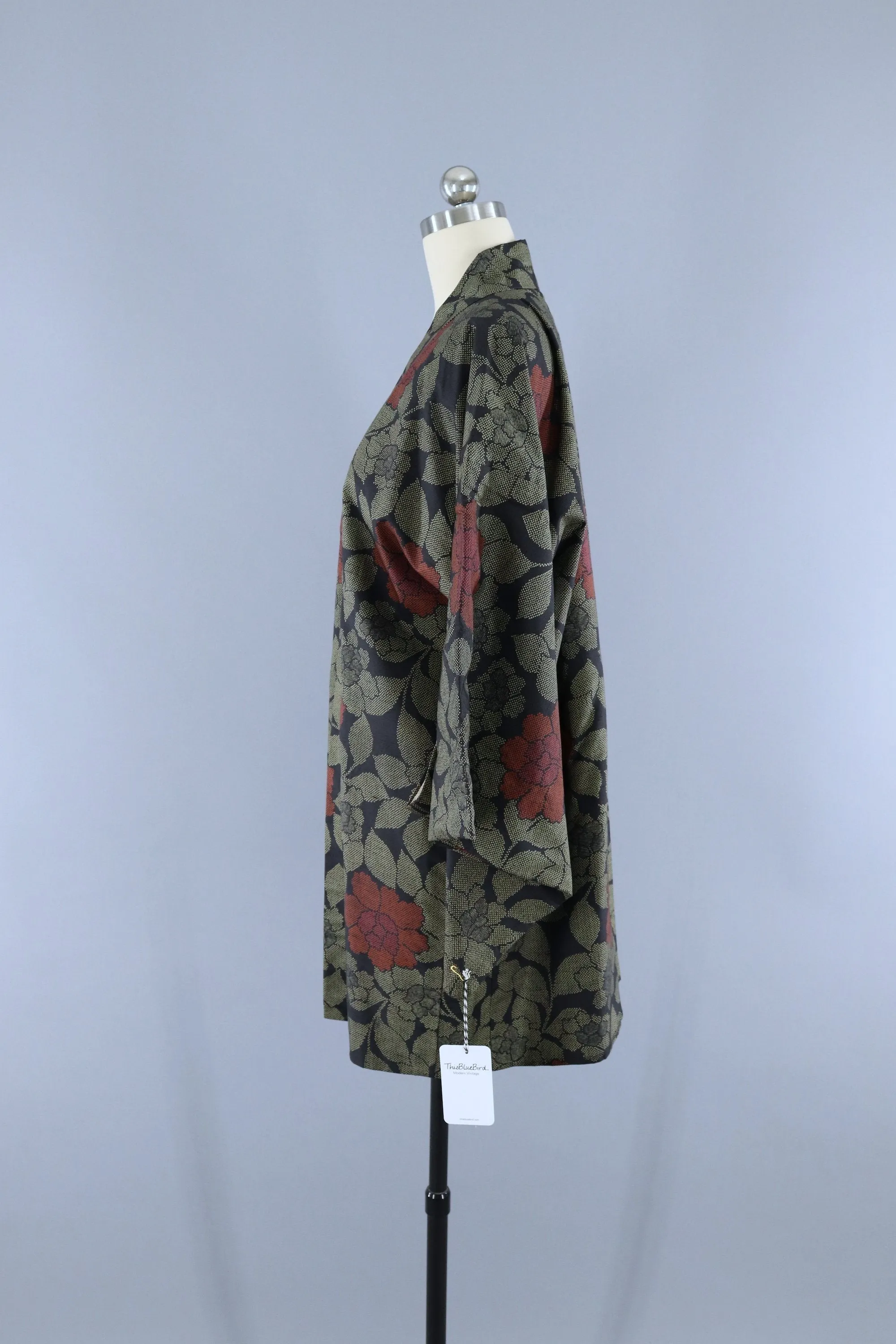 Vintage 1980s Silk Haori Kimono Cardigan Jacket / Black & Khaki Floral