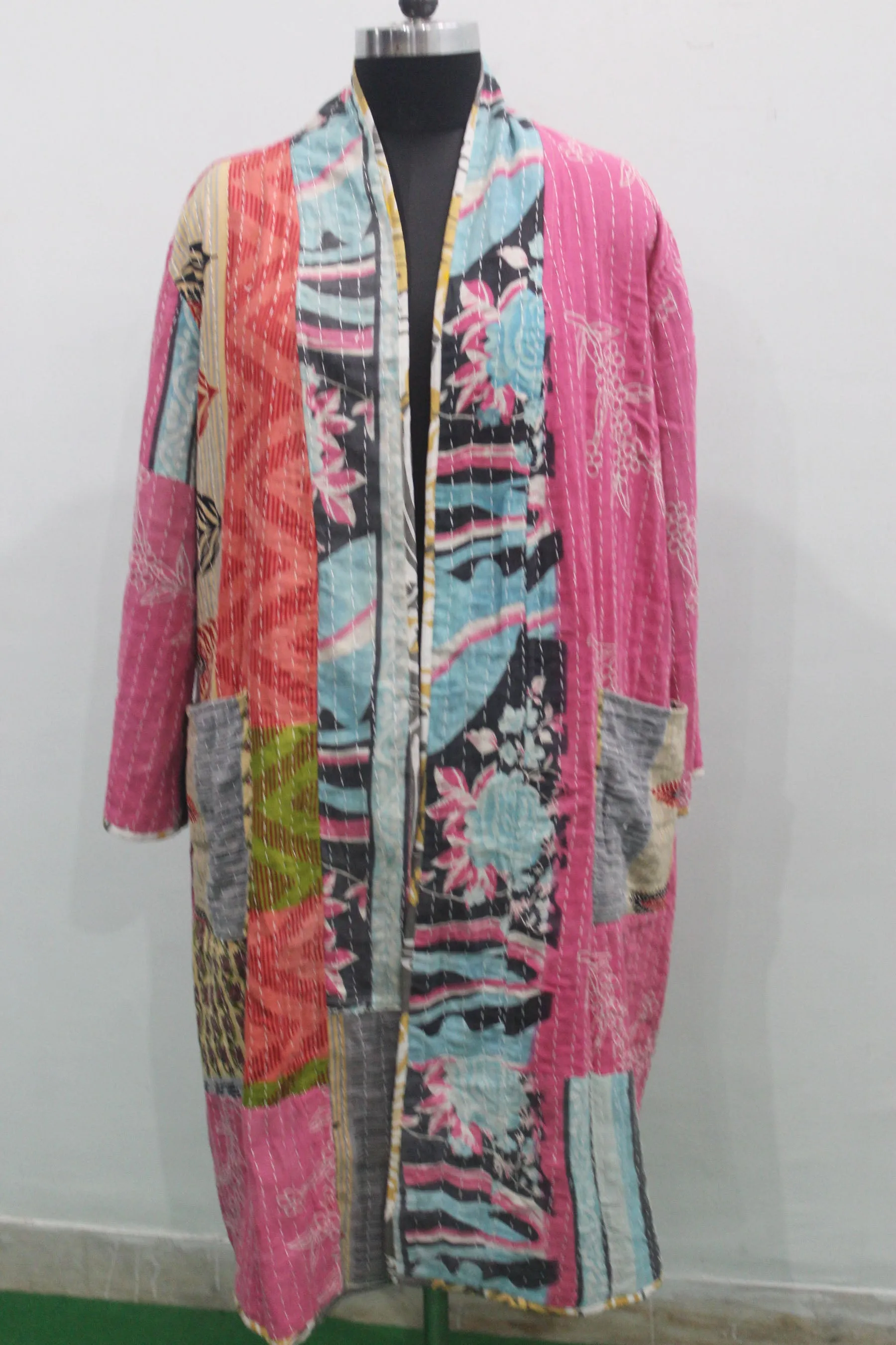 Vintage cotton sari kantha reversible jacket robe boho dress Women Vintage Wear