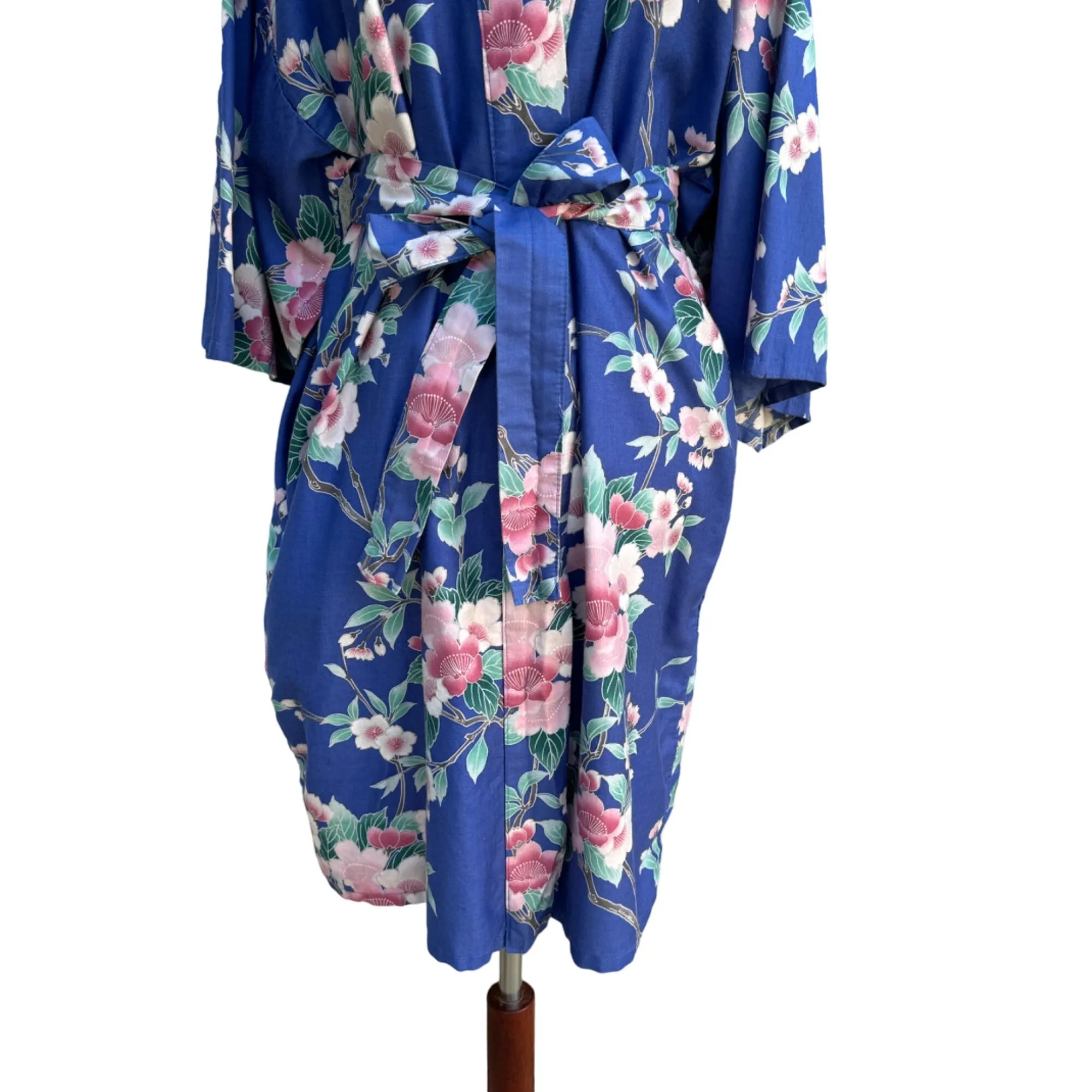 Vintage Women's Floral 3/4 Sleeves Belted Lightweight Mid Length Kimono Robe - L