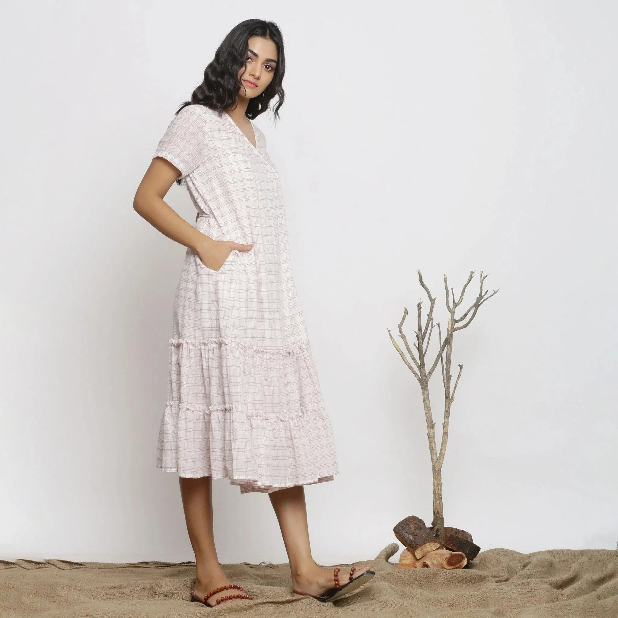 White Checks Handspun Cotton Muslin Midi Wrap Dress