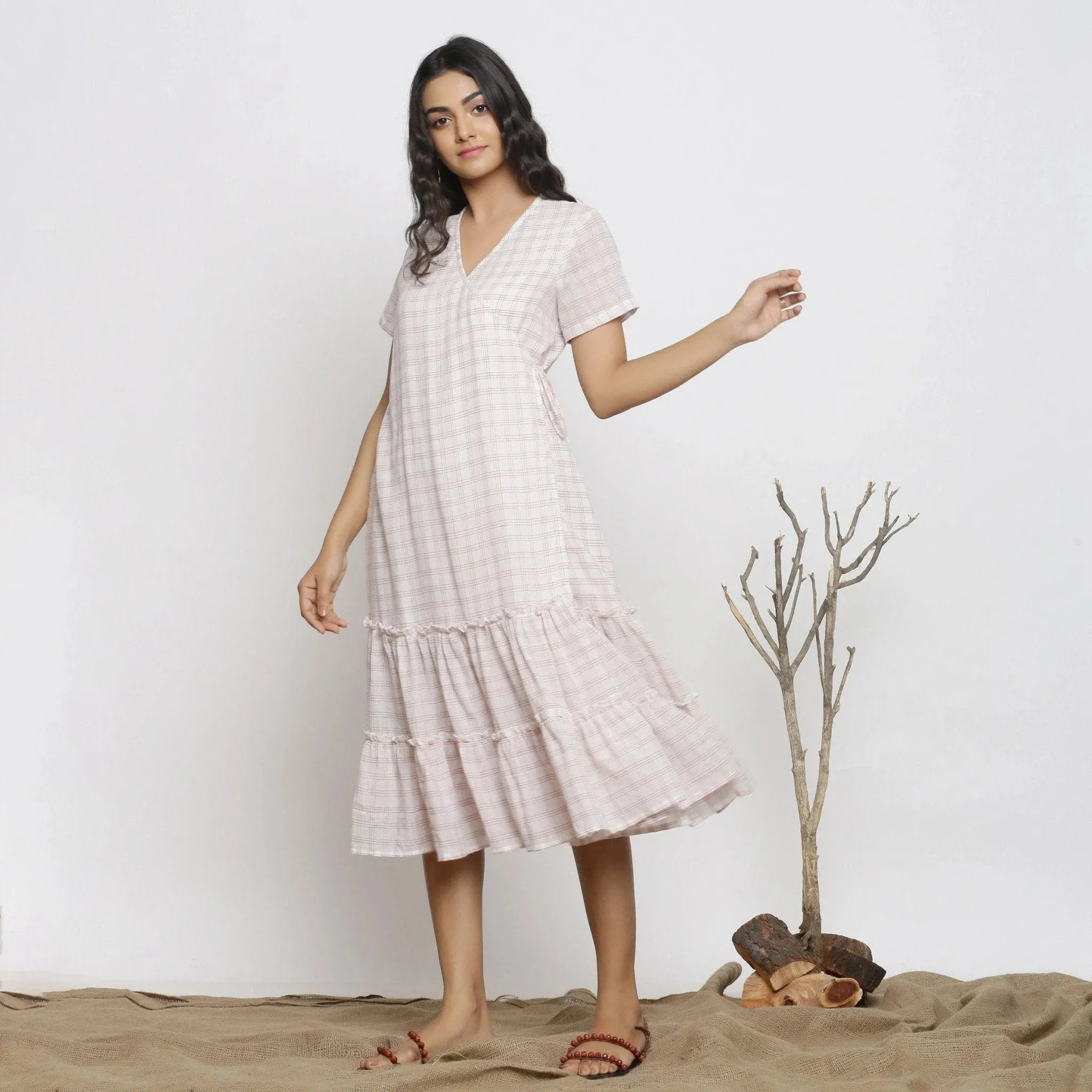 White Checks Handspun Cotton Muslin Midi Wrap Dress