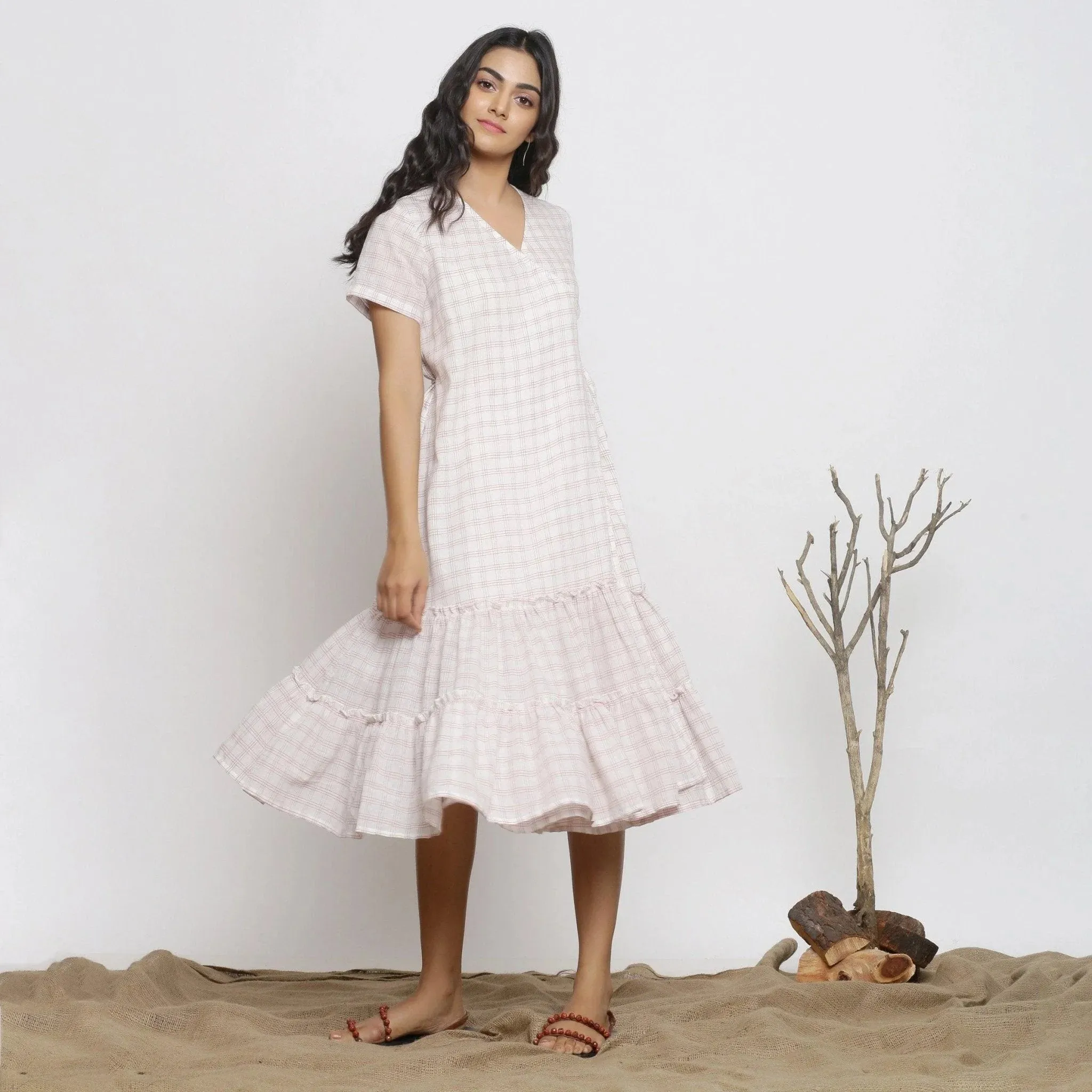 White Checks Handspun Cotton Muslin Midi Wrap Dress