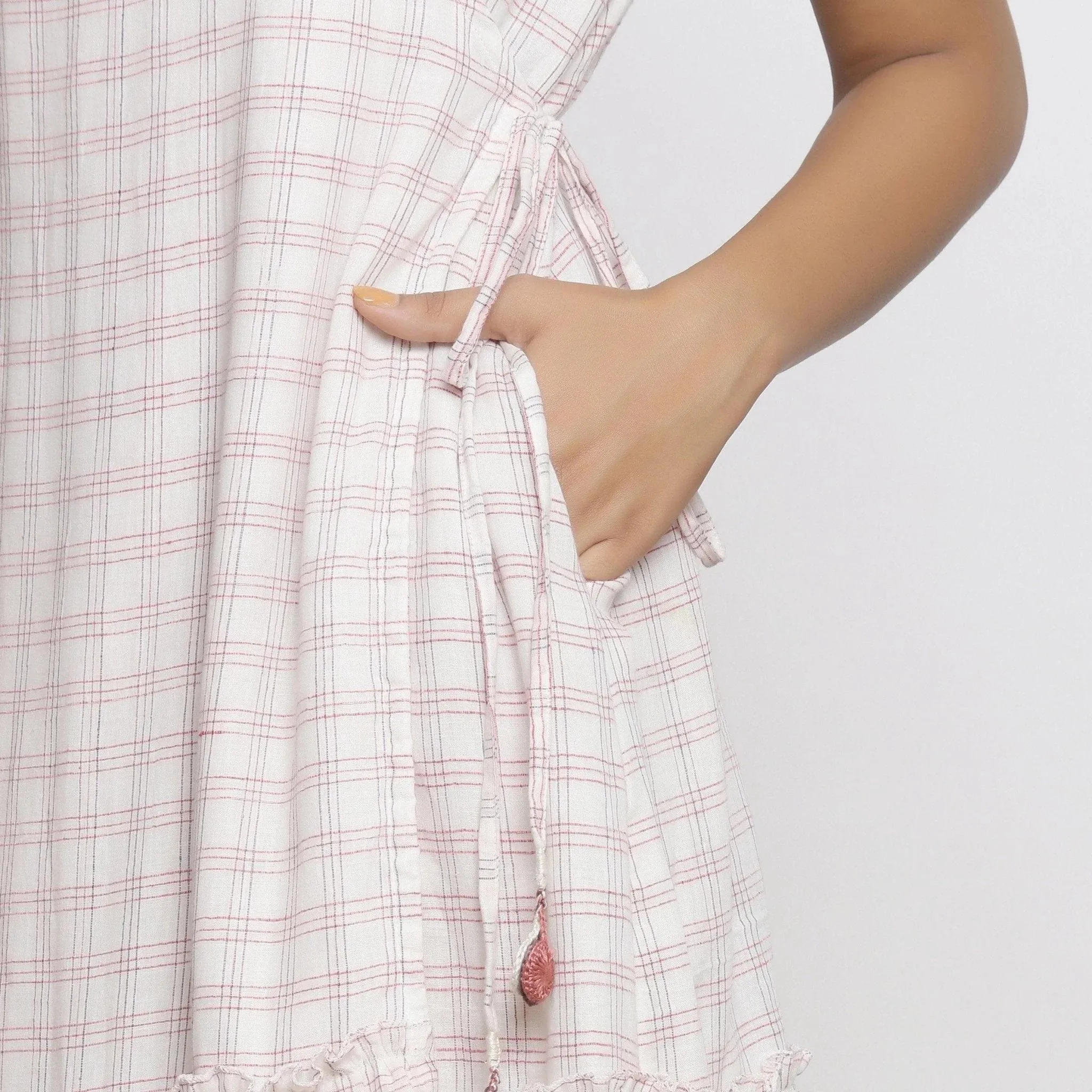 White Checks Handspun Cotton Muslin Midi Wrap Dress