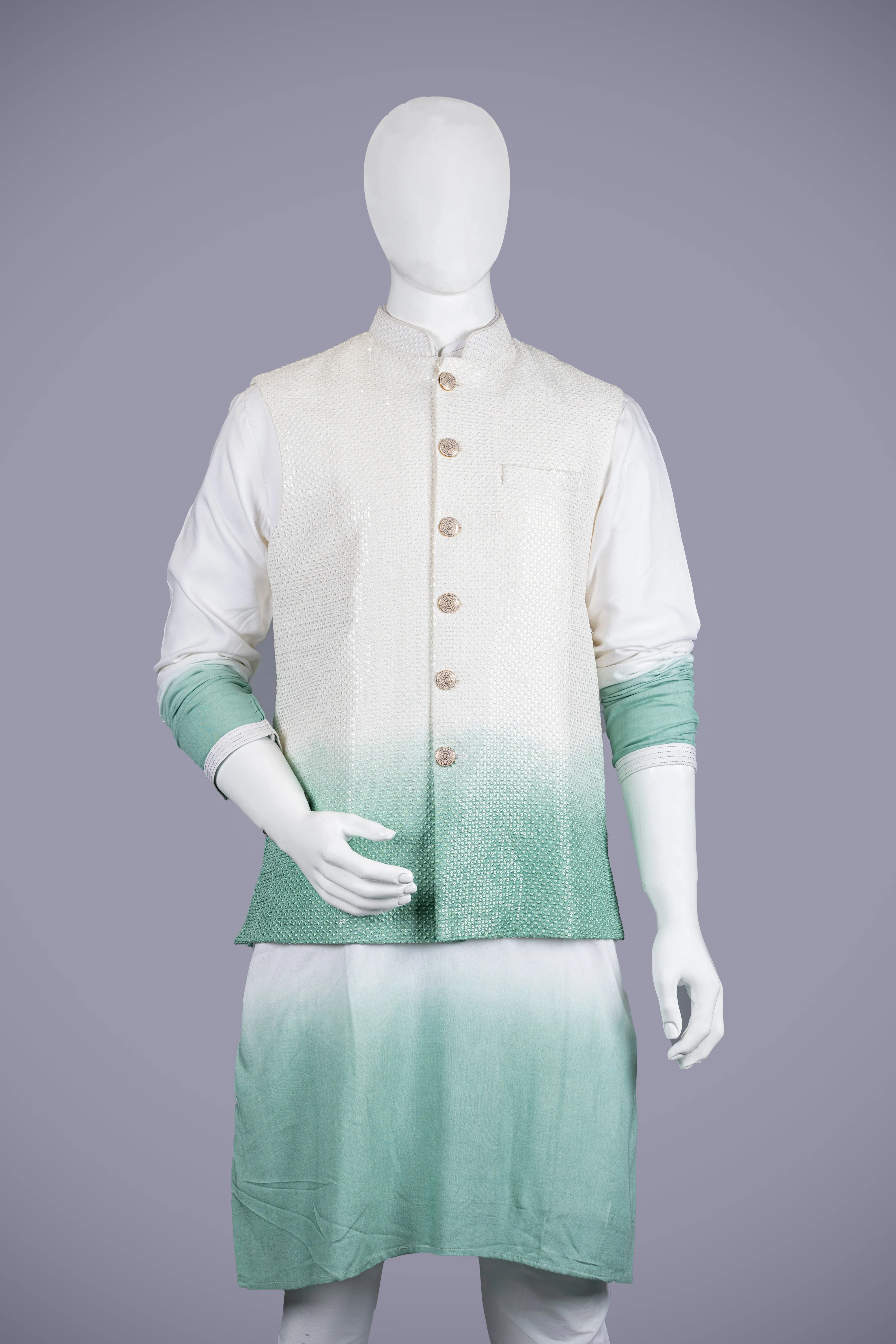 White Pista Nehru Jacket Set with Koti Lakhnavi Work