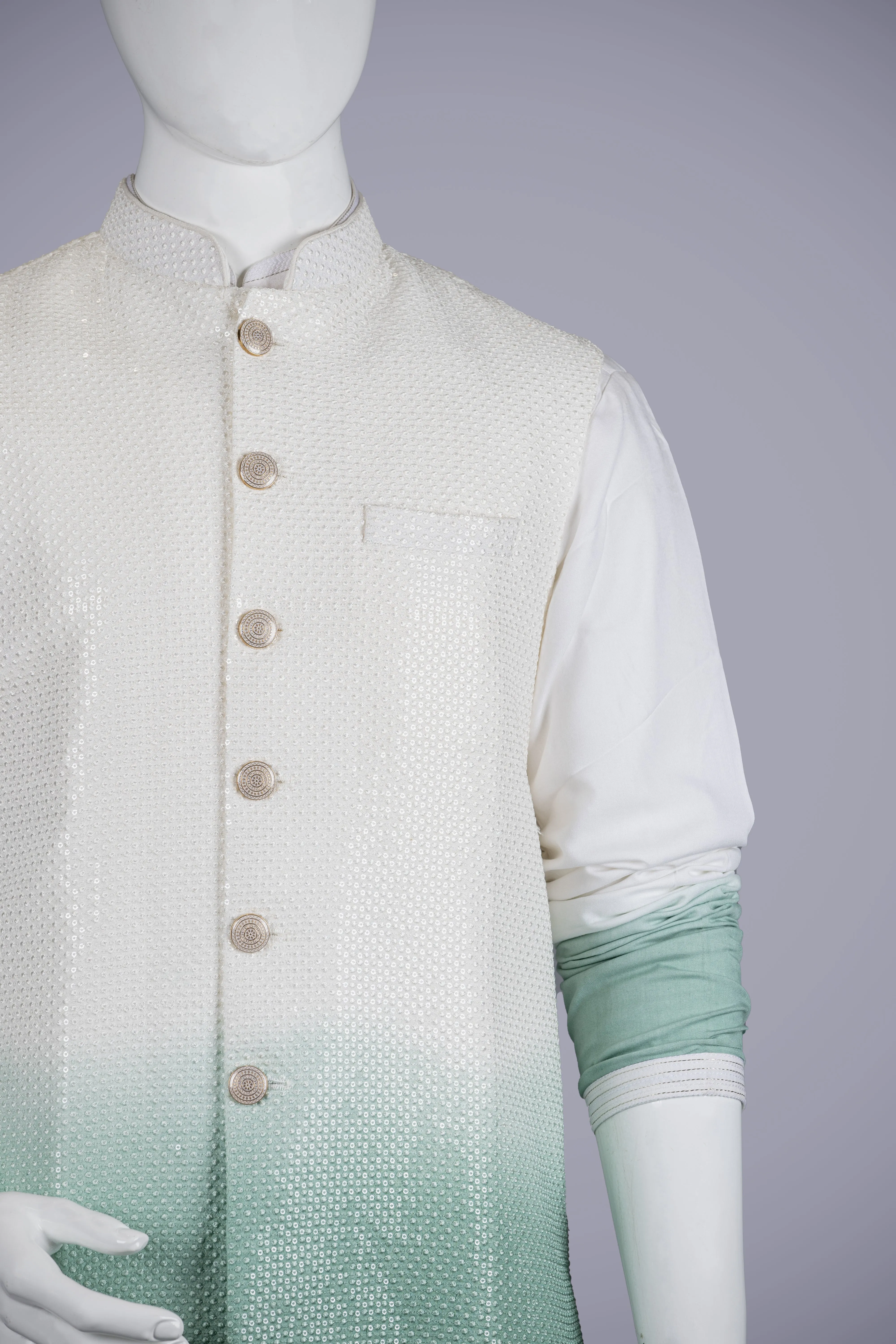 White Pista Nehru Jacket Set with Koti Lakhnavi Work