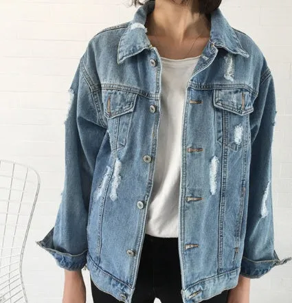 Women Look Thin  Loose Wash Water Frayed Denim Jacket