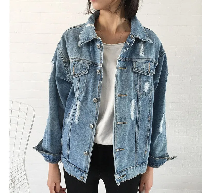 Women Look Thin  Loose Wash Water Frayed Denim Jacket