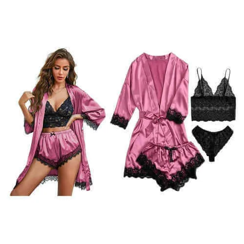 Women's Four-Piece Lace-Trimmed Satin Pajama Set